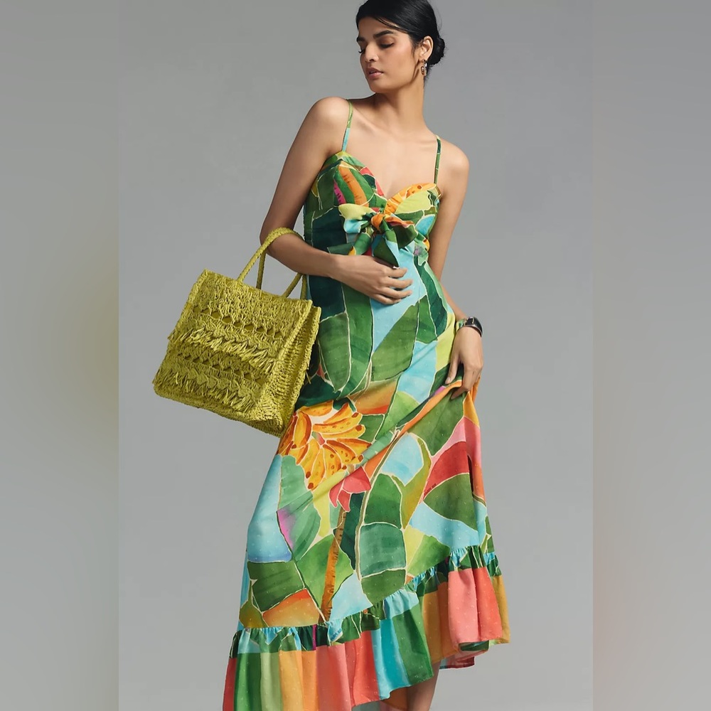 NWT Farm Rio Tie-Waist Printed Maxi Dress Size Small Ruffle Hem Tropical Print